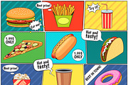 Fast food comic panels icons
