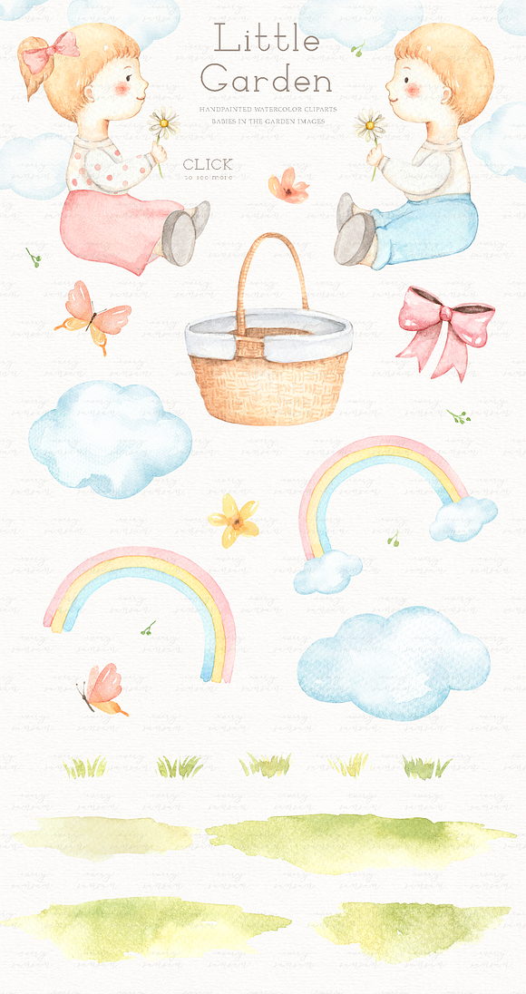 Little Garden Watercolor Clip Arts in Illustrations - product preview 1