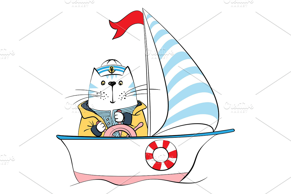 vector cat captain on the ship in Illustrations - product preview 8