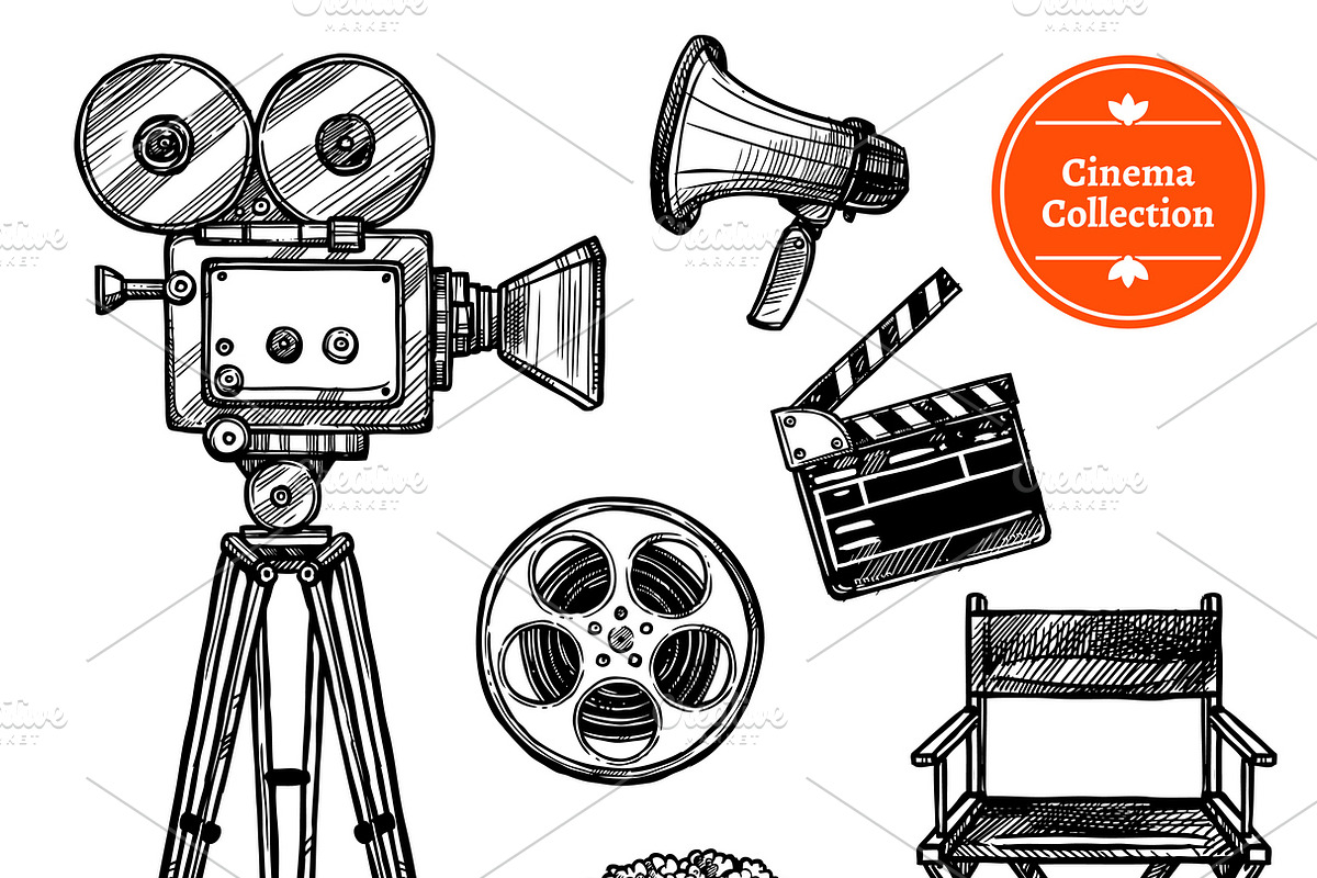 Cinema hand drawn vintage set in Icons - product preview 8