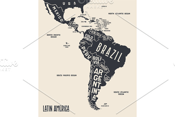 Map Latin America. Poster map of