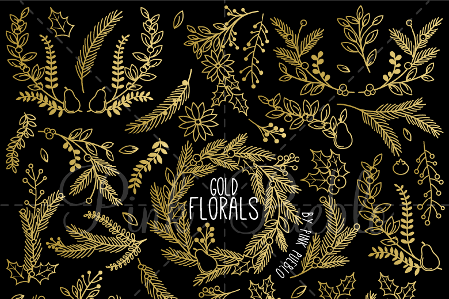 Faux Gold Foil Christmas Florals in Illustrations - product preview 8
