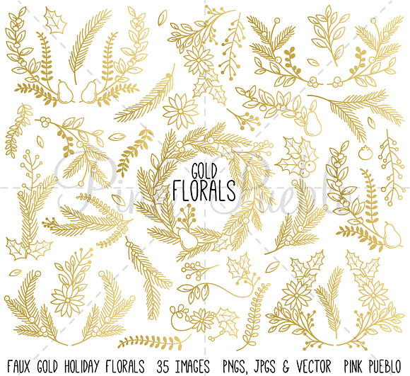 Faux Gold Foil Christmas Florals in Illustrations - product preview 1