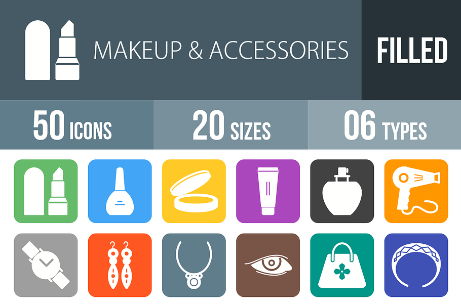 50 Makeup Flat Round Corner Icons