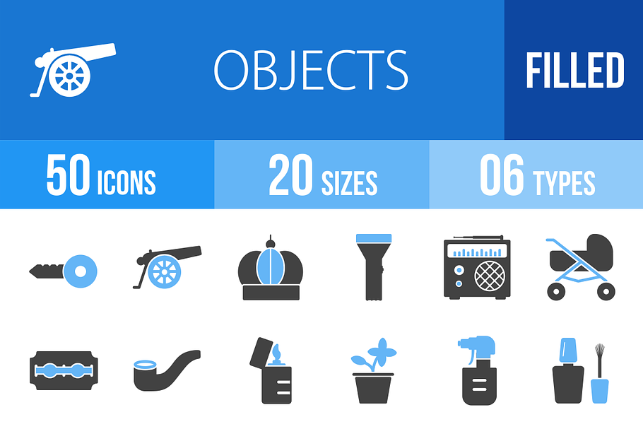50 Objects Blue & Black Icons