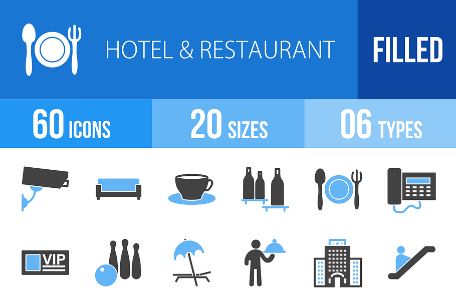 60 Hotel&Restaurant Blue&Black Icons