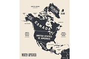 Map North America. Poster map of