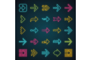 Arrow types neon light icons set
