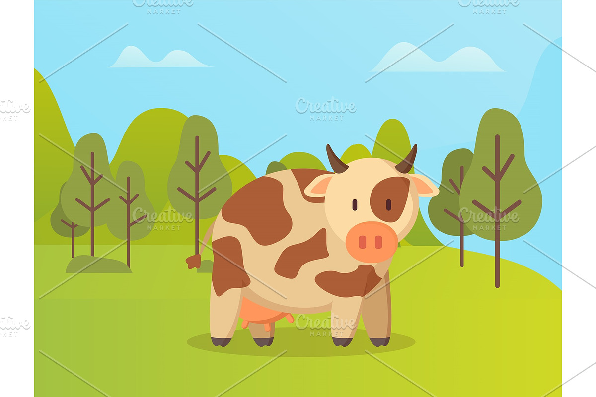 Spotted Cow Standing on Green Grass in Illustrations - product preview 8