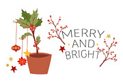 Merry and bright greeting card with