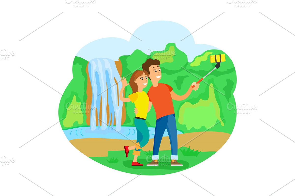 Travelers Couple at Waterfall Taking in Illustrations - product preview 8
