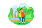 Travelers Couple at Waterfall Taking