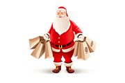 Merry Santa Claus with shopping bags buys gifts and sweets for Christmas