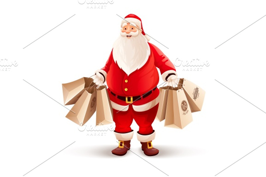 Merry Santa Claus with shopping bags buys gifts and sweets for Christmas in Illustrations - product preview 8