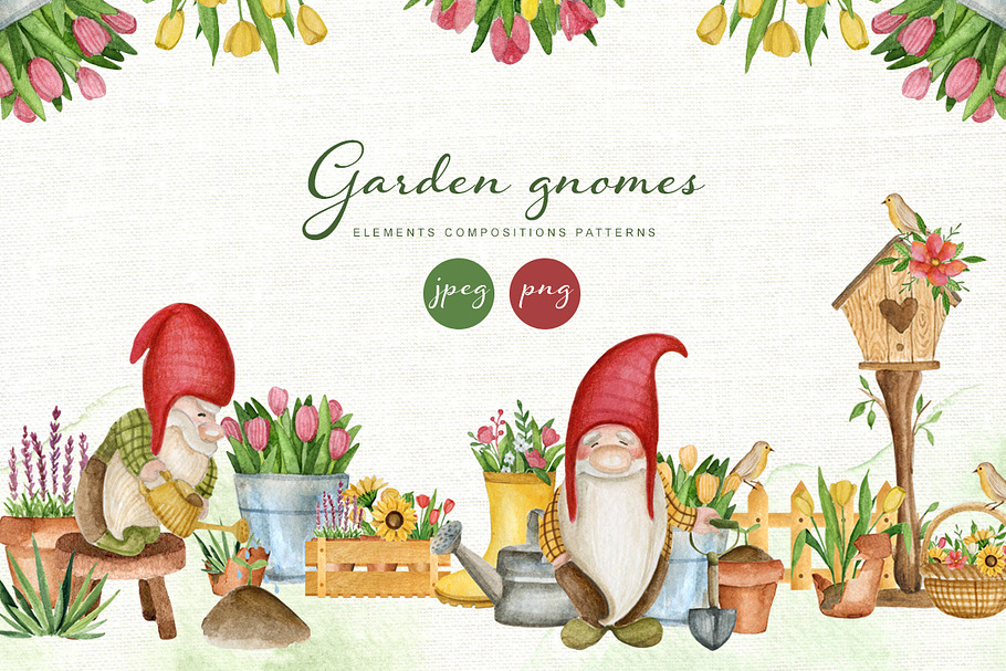 Garden gnomes. Spring watercolor set in Illustrations - product preview 8