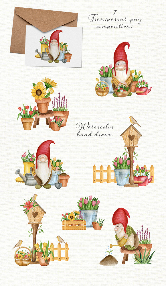 Garden gnomes. Spring watercolor set in Illustrations - product preview 1