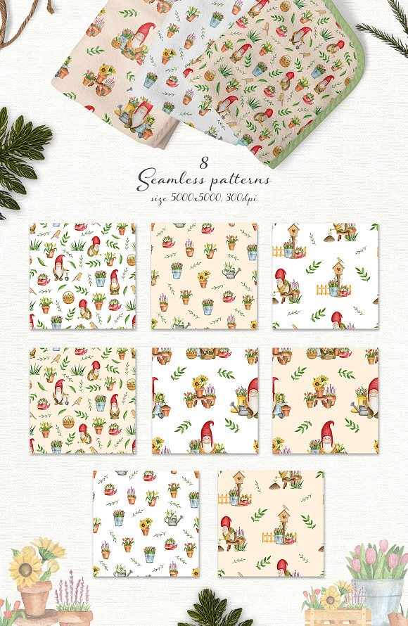 Garden gnomes. Spring watercolor set in Illustrations - product preview 4