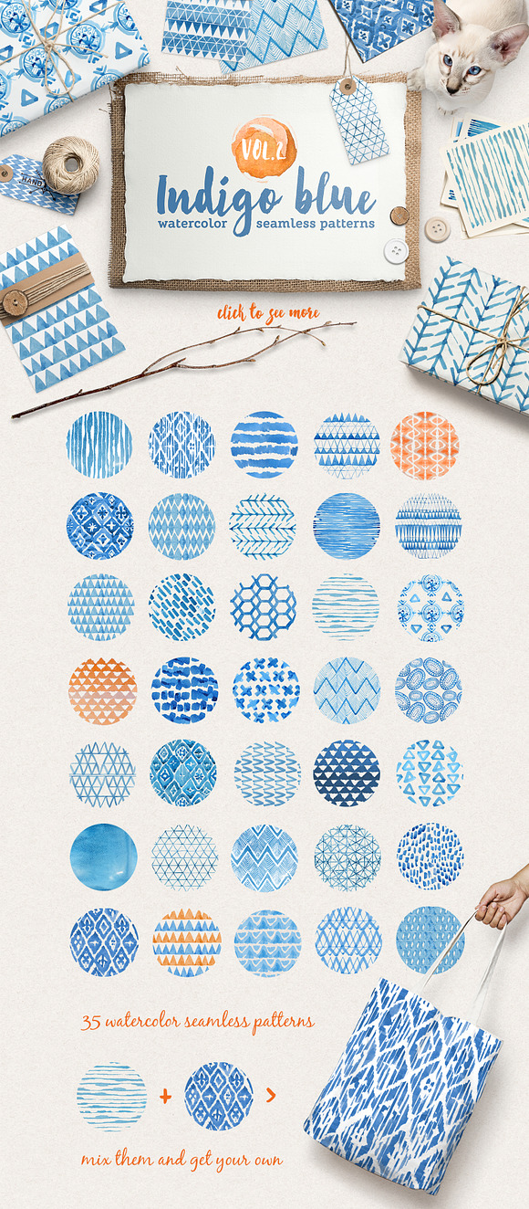 Indigo watercolour patterns pack in Patterns - product preview 2