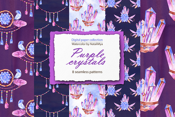 Boho purple crystals digital papers