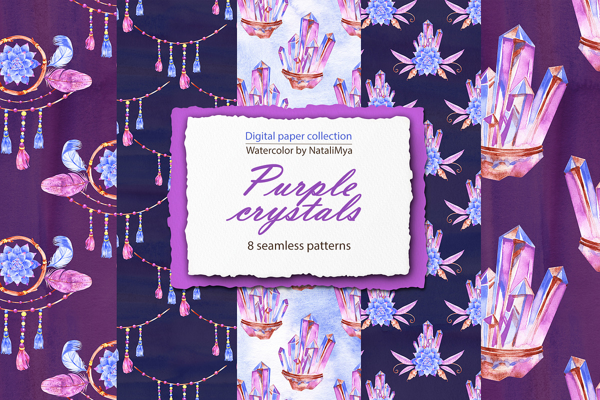 Boho purple crystals digital papers in Textures - product preview 8