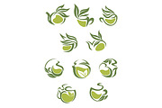 Green tea dish and cup icons set