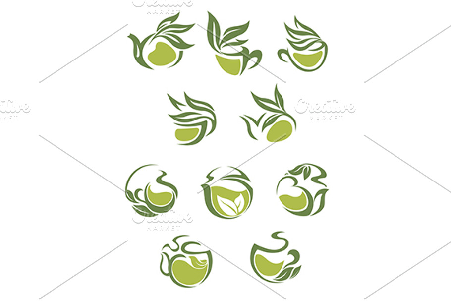 Green tea dish and cup icons set in Graphics - product preview 8