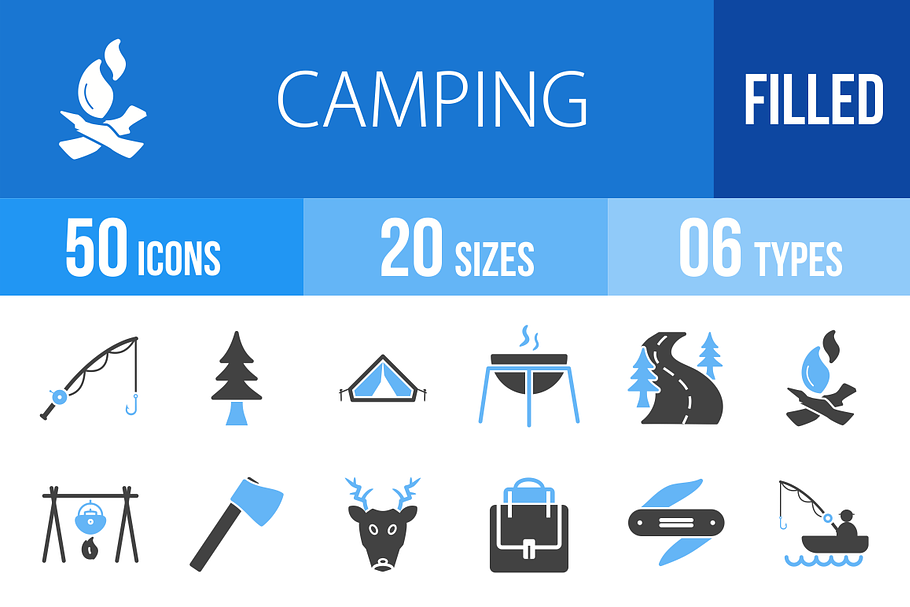 50 Camping Blue & Black Icons