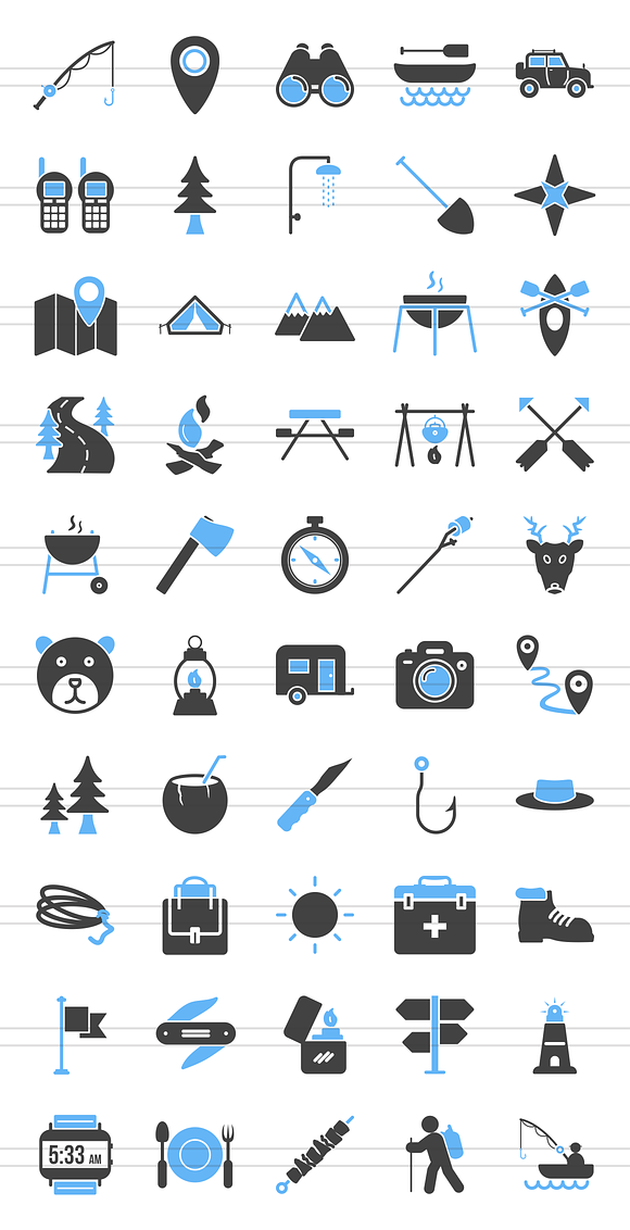 50 Camping Blue & Black Icons in Graphics - product preview 1