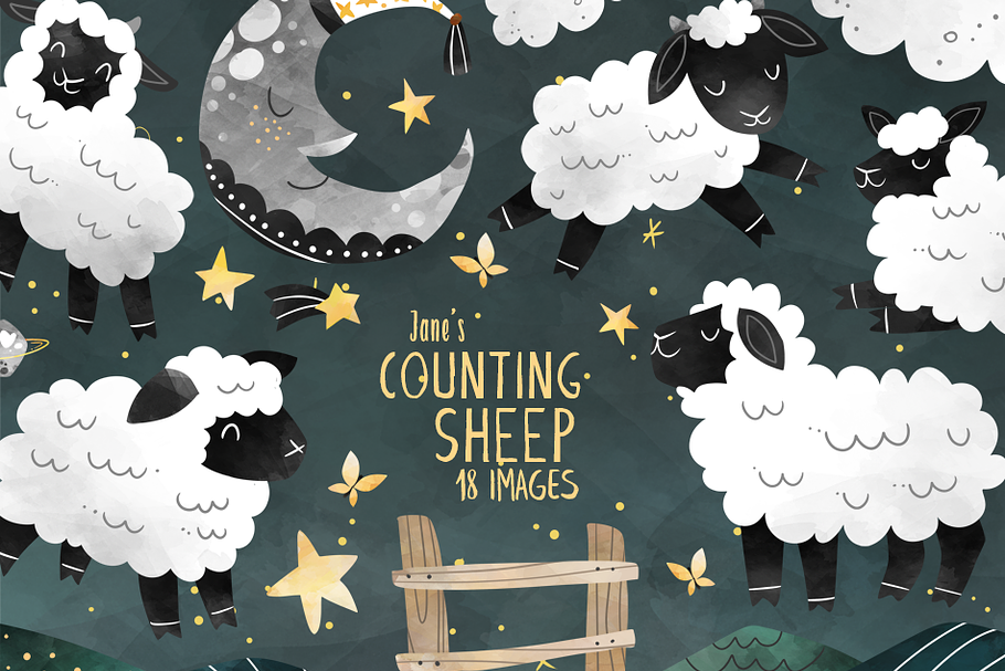 Watercolor Counting Sheep Clipart in Illustrations - product preview 8