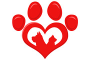 Red Love Paw With Dog And Cat