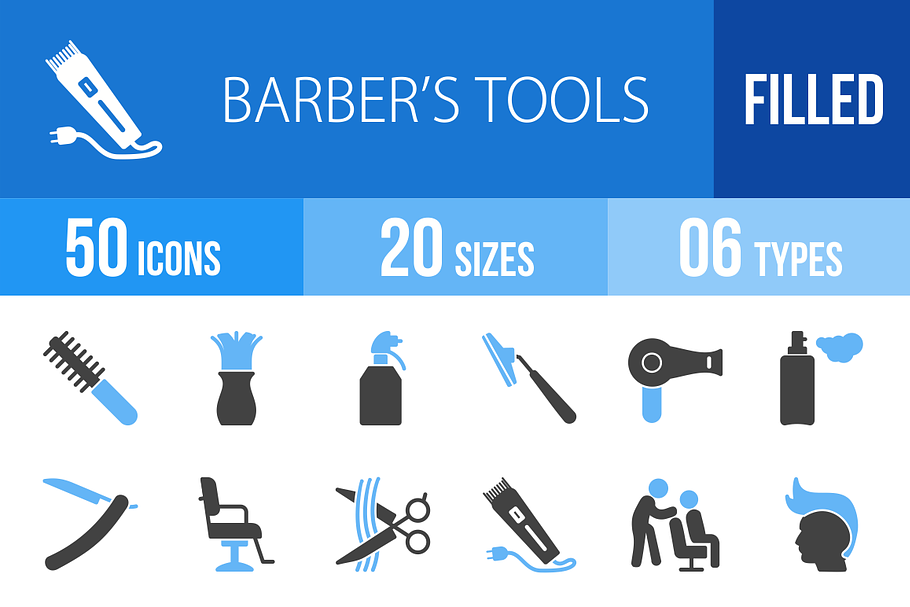 50 Barber’s Tools Blue & Black Icons in Graphics - product preview 8