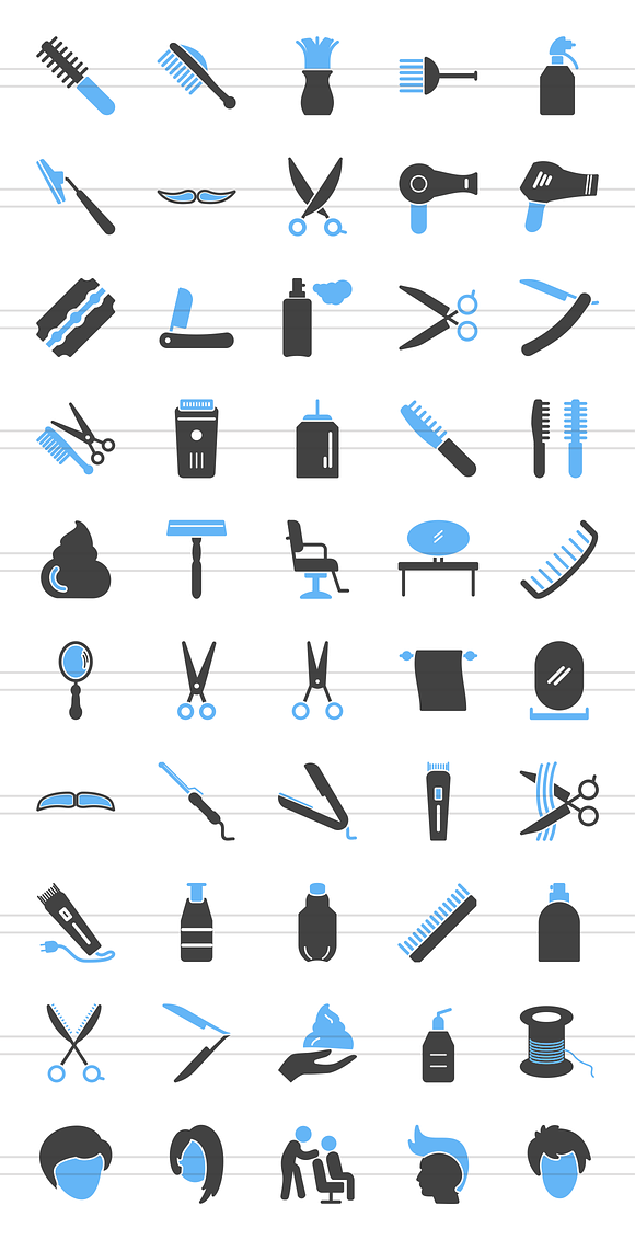 50 Barber’s Tools Blue & Black Icons in Graphics - product preview 1