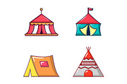 Tent icon set, cartoon style