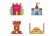 Castle icon set, cartoon style