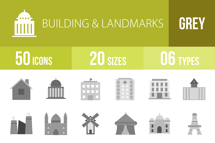 50 Building&Landmark Greyscale Icons