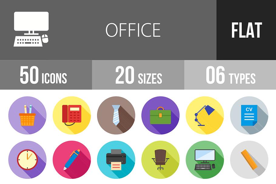 50 Office Flat Shadowed Icons