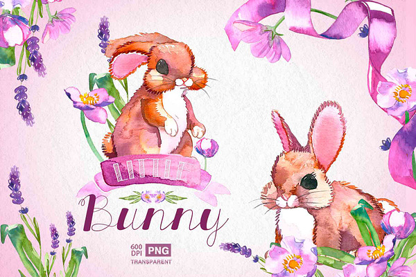 Bunny watercolor clip art spring