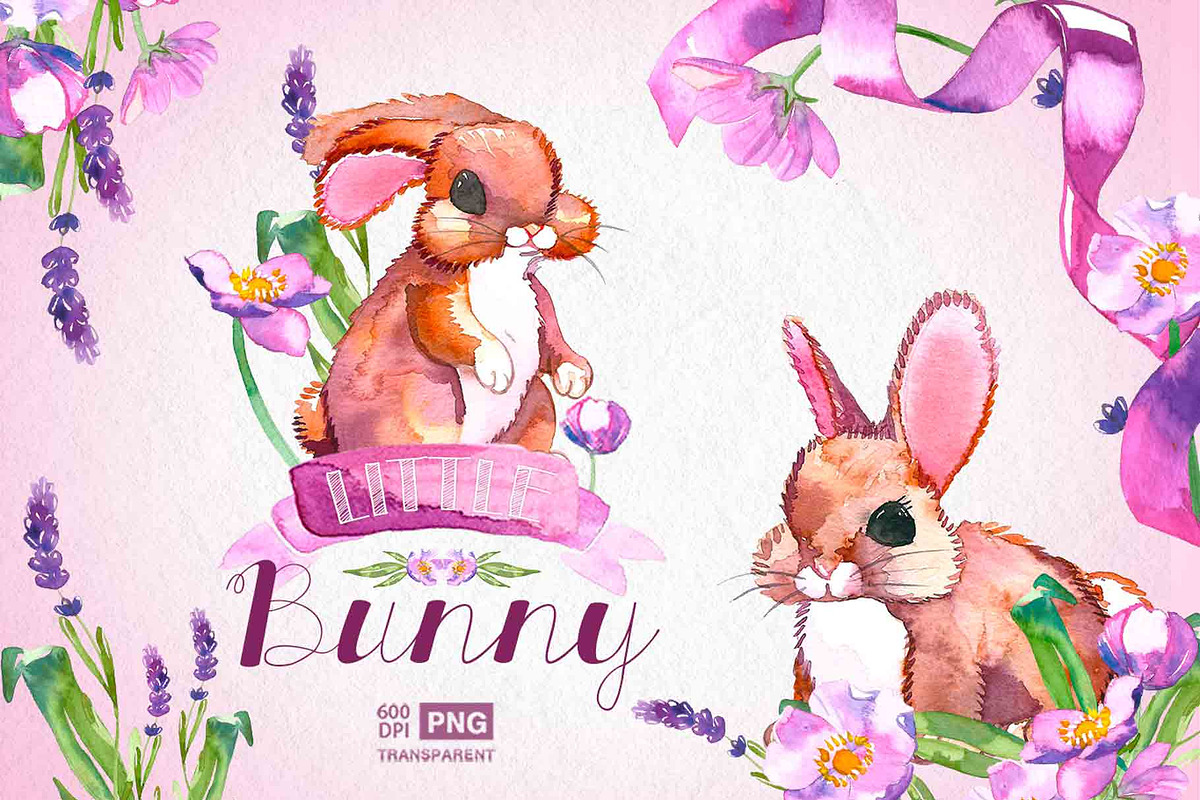 Bunny watercolor clip art spring in Illustrations - product preview 8