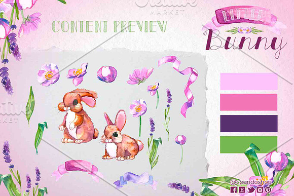 Bunny watercolor clip art spring in Illustrations - product preview 1