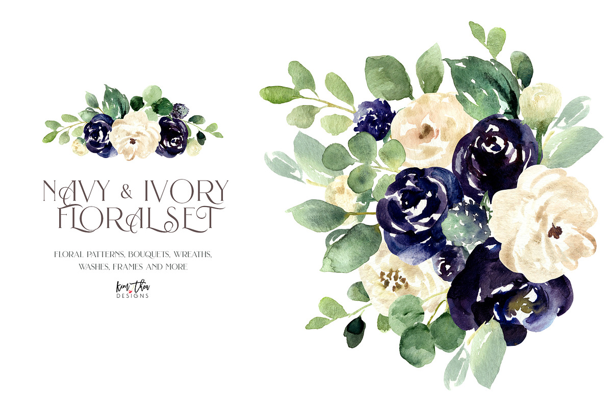 Navy and Ivory with Greenery Flowers in Illustrations - product preview 8