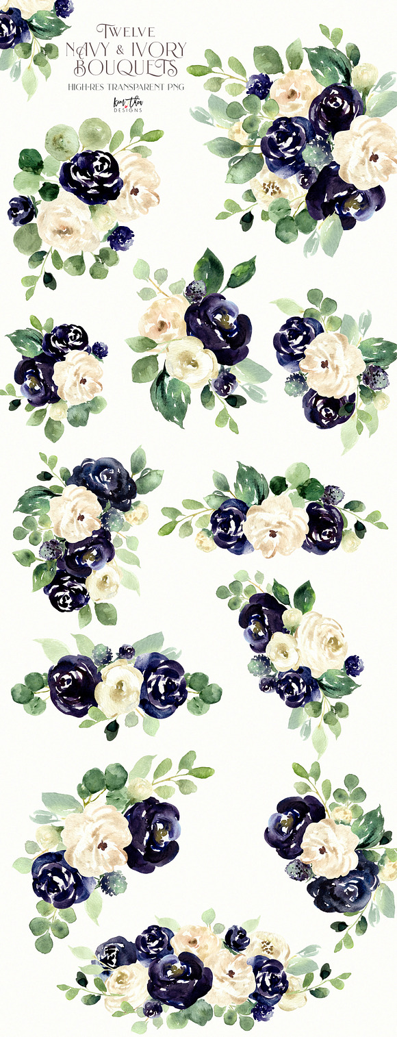 Navy and Ivory with Greenery Flowers in Illustrations - product preview 1