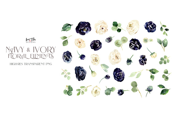 Navy and Ivory with Greenery Flowers in Illustrations - product preview 2