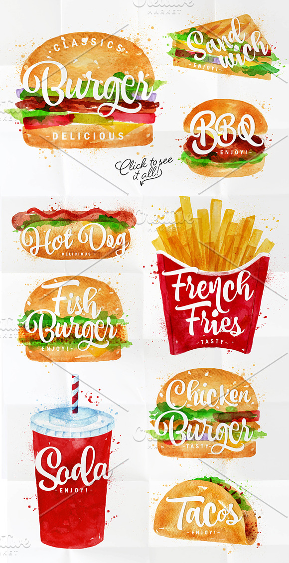 Fast Food Watercolor in Illustrations - product preview 1