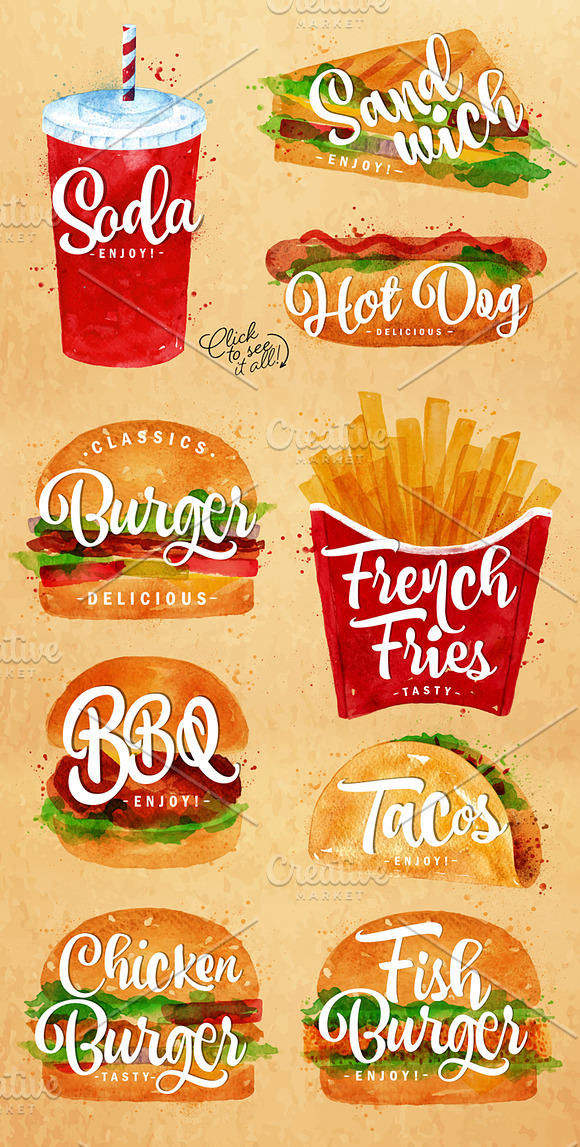 Fast Food Watercolor in Illustrations - product preview 3
