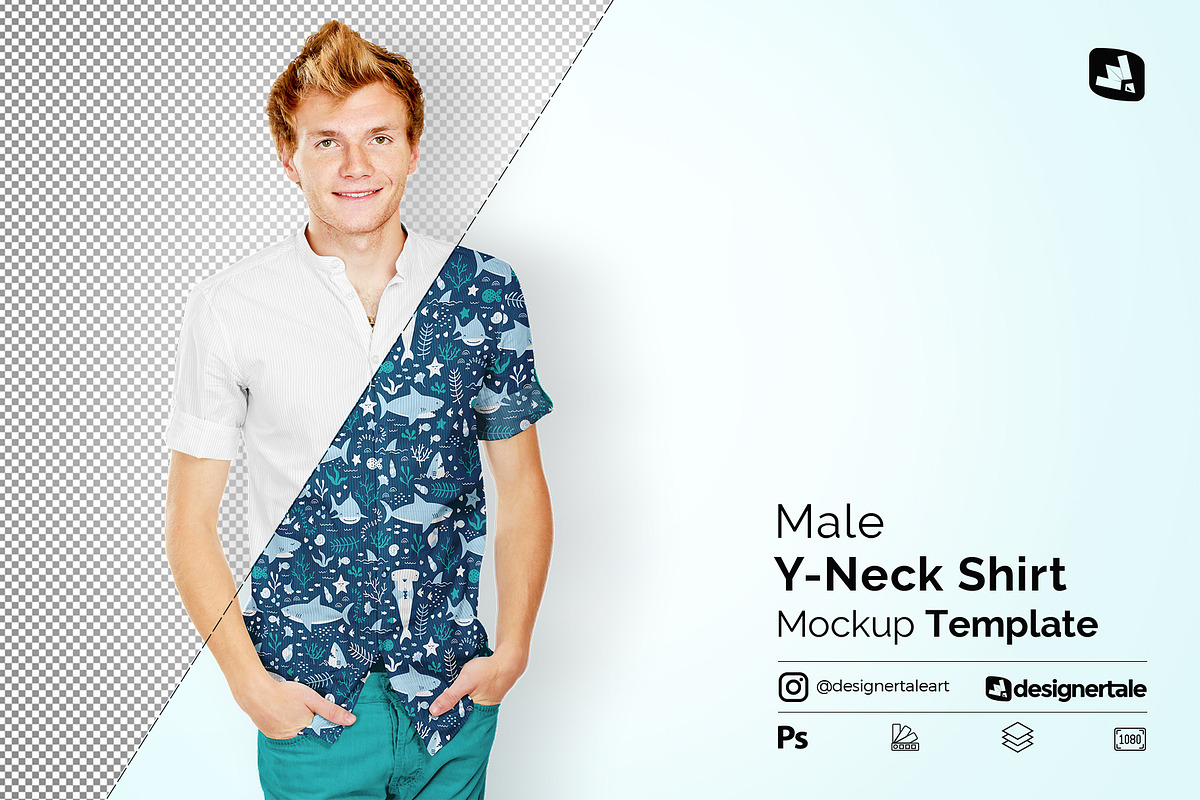 Male Y-neck Shirt Mockup in Product Mockups - product preview 8