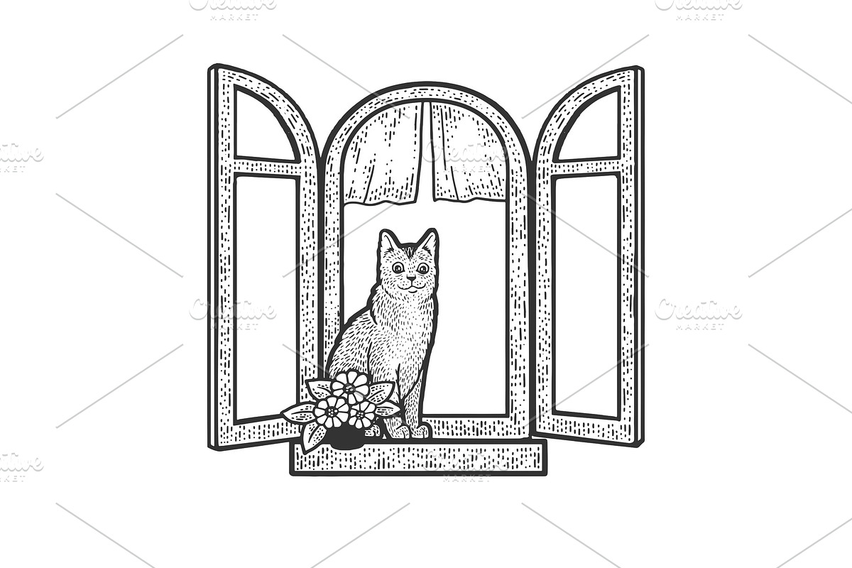 Cat in windows sketch vector in Illustrations - product preview 8