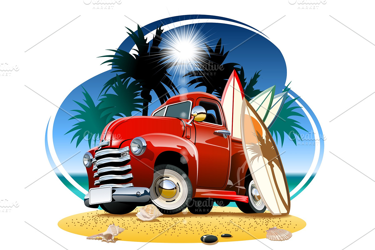 Vector cartoon retro pickup on beach in Illustrations - product preview 8