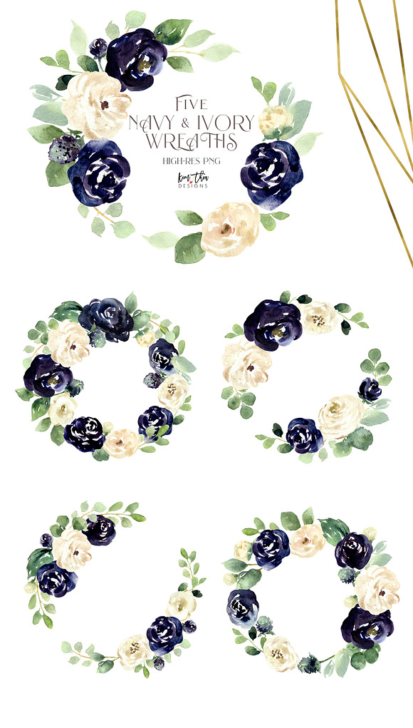 Navy and Ivory with Greenery Flowers in Illustrations - product preview 5