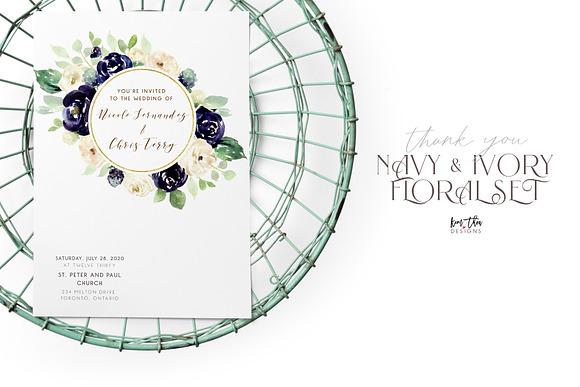 Navy and Ivory with Greenery Flowers in Illustrations - product preview 9