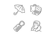 Travel accessories linear icons set